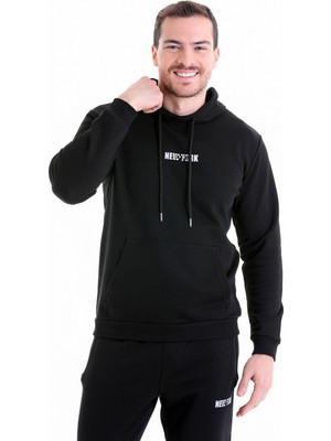 Hatemoğlu Siyah Regular Fit Düz Kapüşonlu Pamuklu Kanguru Cep Sweatshirt