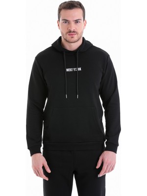 Hatemoğlu Siyah Regular Fit Düz Kapüşonlu Pamuklu Kanguru Cep Sweatshirt