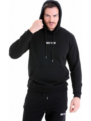 Hatemoğlu Siyah Regular Fit Düz Kapüşonlu Pamuklu Kanguru Cep Sweatshirt