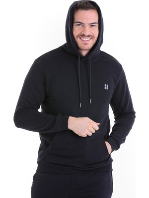 Hatemoğlu Lacivert Regular Fit Düz Kapüşonlu Pamuklu Kanguru Cep Sweatshirt