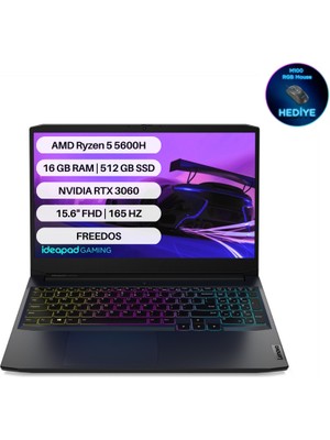 Lenovo IdeaPad Gaming 3 AMD Ryzen 5 5600H 16GB 512GB SSD RTX3060 Freedos 15.6" FHD Taşınabilir Bilgisayar 82K200K0TX