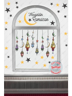 Msticker Hoşgeldin Ramazan Renkli Fener Sarkıt Cam Duvar Dekorasyon Sticker Seti-Şeffaf