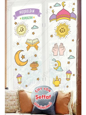 Msticker Hoşgeldin Ramazan Dua Cami  Ay Fener Figürleri Cam Duvar Dekorasyon Sticker Seti-Şeffaf