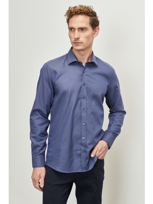 ALTINYILDIZ CLASSICS Erkek Lacivert-gri Slim Fit Dar Kesim Klasik Yaka %100 Pamuk Armürlü Gömlek