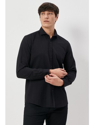 ALTINYILDIZ CLASSICS Erkek Siyah Slim Fit Dar Kesim Italyan Yaka %100 Pamuk Gofre Gömlek