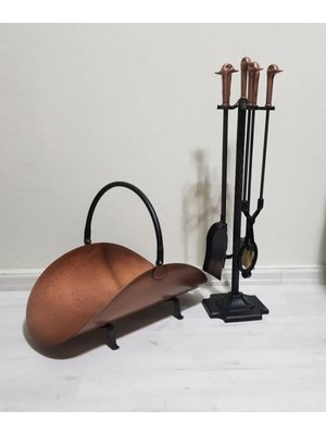 Şömine Seti Antik Bakır Odun Kovası Sepeti ve Maşa Seti