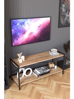 Tedarik Center Dekoratif Tv Ünitesi Ahşap Demir Ayaklı Raflı Televizyon Sehpası - Atlantik Çam