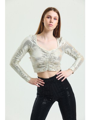 Sense Uzun Kol Önü Lastik Büzgülü Buzi Payet Bluz BLZ34189 Bej