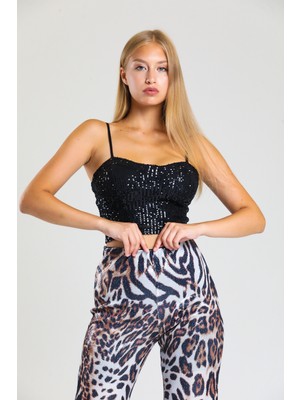 Sense Kadın Gloplu Payet Bustiyer Crop Fit Kalp Yaka Polyester Kumaşlı Abiye