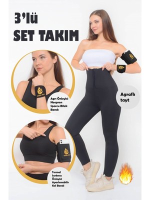 Sauna Suit Ekstra Yüksek Bel Termal Tayt ve Neopren Sporcu Bileklik Koşu Bandı 3lü Takımset