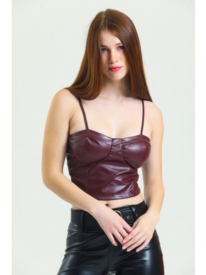 Sense Kadın Askılı Gloplu Suni Deri Bustiyer Kalp Yaka Slim Fit Arkası Fermuarlı 2022 Sonbahar-Kış BUST34603