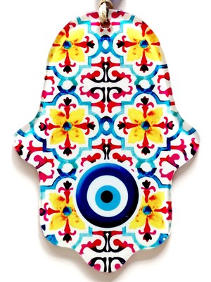 Mixperi Nazar Boncuk Desenli Sarı Çiçekli Fatma Ana Bereket Eli Füzyon Cam Duvar Süsü