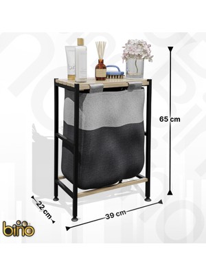 Bino Banyo Düzenleyici Çamaşır Sepeti Ahşap Raflı Kirli Sepeti Keten Kumaşlı Organizer