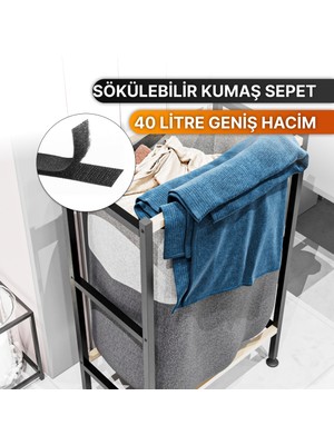 Bino Banyo Düzenleyici Çamaşır Sepeti Ahşap Raflı Kirli Sepeti Keten Kumaşlı Organizer