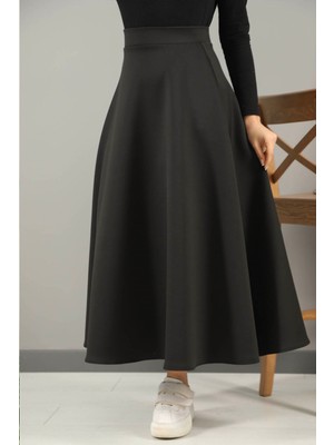 Cng Moda Scuba Kumaş Siyah Kloş Etek Kadınlar İçin Trend Tasarım 90 cm Boyunda