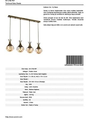 Avonnı AV-60161-4EY Eskitme Kaplama Modern Avize, E27, Metal, Cam, 70X13CM