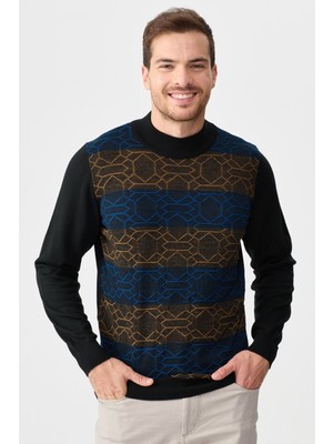 Desen Triko Erkek Yarım Balıkçı Yaka Önü Desenli Kazak Siyah