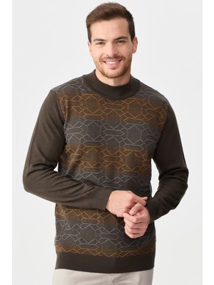 Desen Triko Erkek Yarım Balıkçı Yaka Önü Desenli Kazak D.kahve
