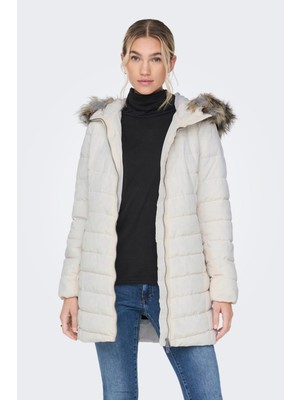 Only Kadın Mont Ekru 15183994 Onlnewellan Quilted Hood Fur Coat