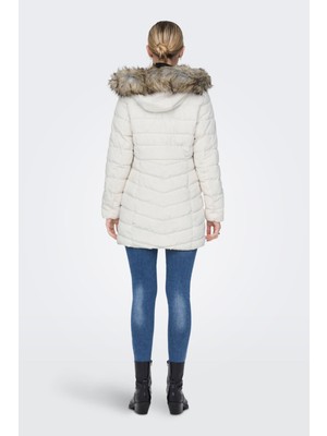 Only Kadın Mont Ekru 15183994 Onlnewellan Quilted Hood Fur Coat