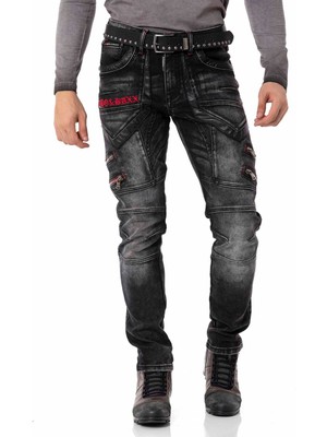 Cipo & Baxx CD795 Biker Jeans Deri Detaylı Siyah Pantolon