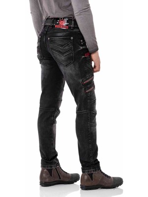 Cipo & Baxx CD795 Biker Jeans Deri Detaylı Siyah Pantolon