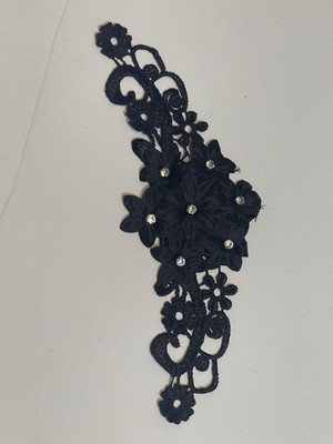 Gönülden Tasarım 21X8 cm Zirkon Taşlı Nakış Işlemeli Güllü Siyah Güpür Aplik Arma Yama