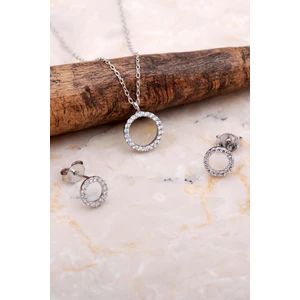 Sümer Telkari Halka Tamtur Taşlı Rodyumlu Gümüş Küpe Kolye Seti 2604