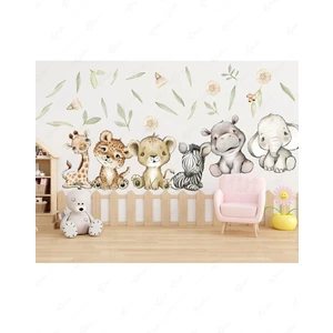 Sevimli Safari Hayvanları ve Yeşil Yapraklar Çocuk Bebek Odası Cam Duvar Sticker Seti