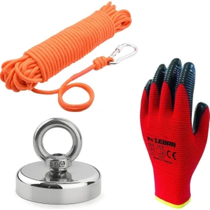 Mıknatıs AVM 60 mm Çap, 100 kg Taşıma Gücü, Halkalı Neodyum Pot Mıknatıs Çok Güçlü - 25 Metre Halat, Karabina Kanca ve Eldiven Set