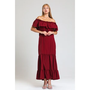 Degaje Yaka Yakası Lastikli Dokuma Viskon Uzun Elbise | ELB34315