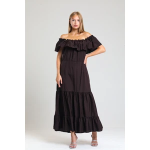 Degaje Yaka Yakası Lastikli Dokuma Viskon Uzun Elbise | ELB34315