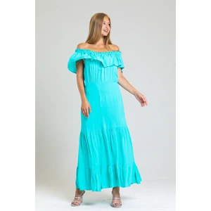 Degaje Yaka Yakası Lastikli Dokuma Viskon Uzun Elbise | ELB34315