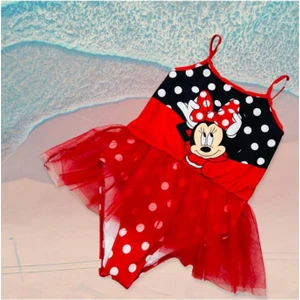 Lolli Boom Kids  Kız Çocuk Mickey Desen Mayo Kırmızı Renk Puantiyeli Tül Tütü Detaylı Son Sezon 2022