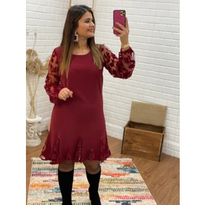 Su Butik Flok Baskı Etek Ucu Tül Detaylı Elbise