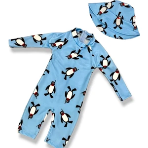 Lolli Boom Kids  Unisex Bebek - Çocuk Mayo Tam Vücut Güneş Koruma Hassas Ten Penguen Desen Mayo Şapka Hediyeli