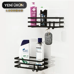 Banyo Düzenleyici Şampuanlık Sabunluk 2'li Set Lamalı Yapışkanlı 4 Askılı Duş Rafı Organizer