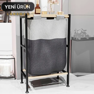 Banyo Düzenleyici Çamaşır Sepeti Ahşap Raflı Kirli Sepeti Keten Kumaşlı Organizer
