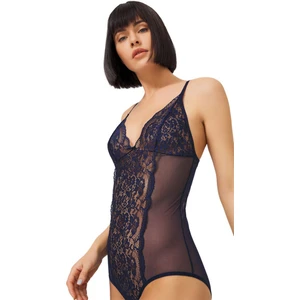 Lacivert Çıtçıtlı Dantelli Transparan Balensiz Kadın Bodysuit