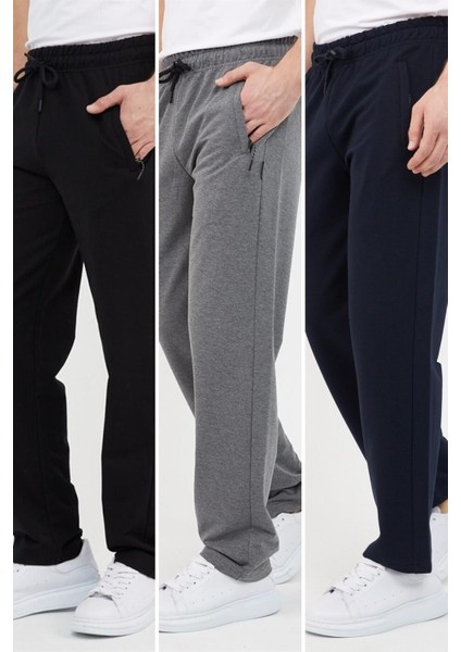 Siyah-Lacivert-Antrasit Erkek Büyük Beden 3'lü Düz Paça Cep Fermuar Detaylı Rahat Kesim Eşofman Altı