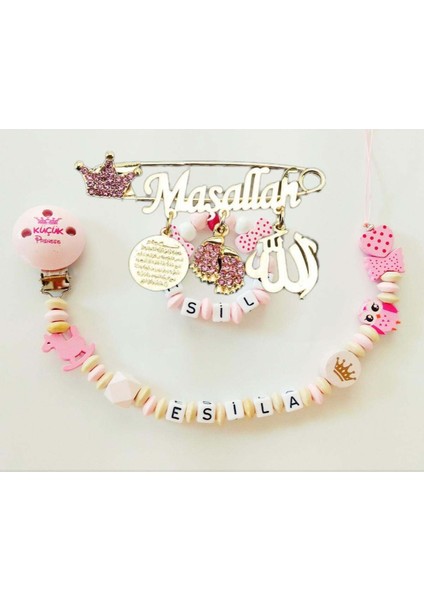 Isimli Bebek Emzik Zinciri Seti ve Pembe Taşlı Bebek Yaka Iğnesi