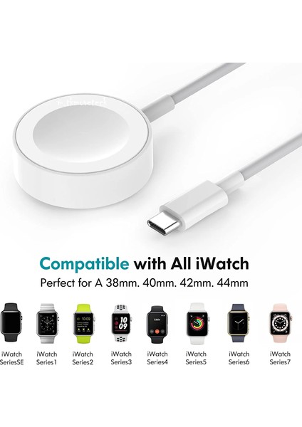 MTK Moveteck Apple Watch Şarj Cihazı Typce Series 8/7/6/5/4/3/2/1/se ile Uyumlu Type-C Manyetik Iwatch Şarj Cihazı, USB Şarj Kablolu Hızlı Taşınabilir Şarj Aleti