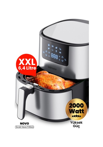 Novo 2000 Watt Yüksek Güç 6,4 Litre Inox Geniş Xxl Dokunmatik Airfryer Yağsız Sıcak Hava Fritözü