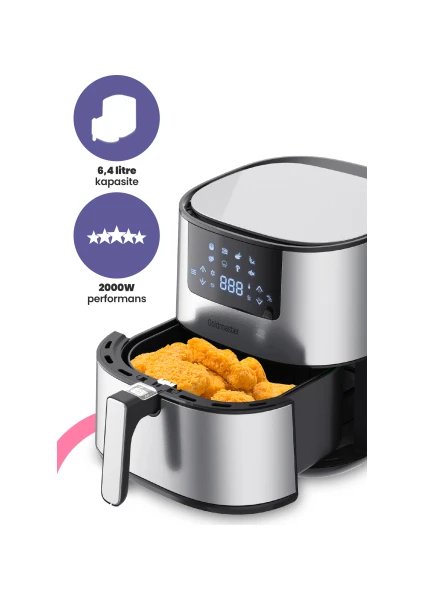 Novo 2000 Watt Yüksek Güç 6,4 Litre Inox Geniş Xxl Dokunmatik Airfryer Yağsız Sıcak Hava Fritözü