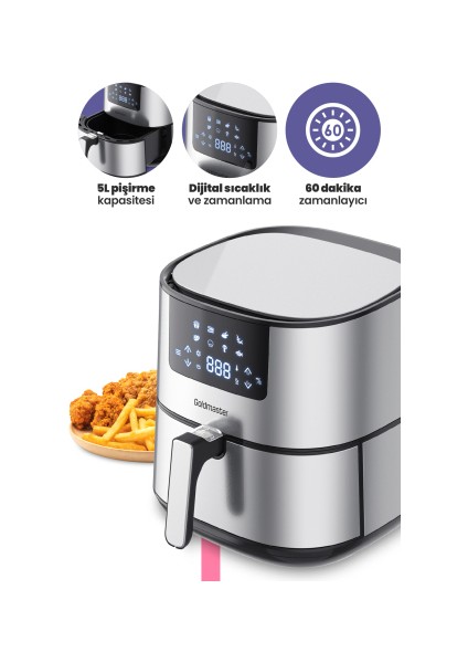 Novo 2000 Watt Yüksek Güç 6,4 Litre Inox Geniş Xxl Dokunmatik Airfryer Yağsız Sıcak Hava Fritözü