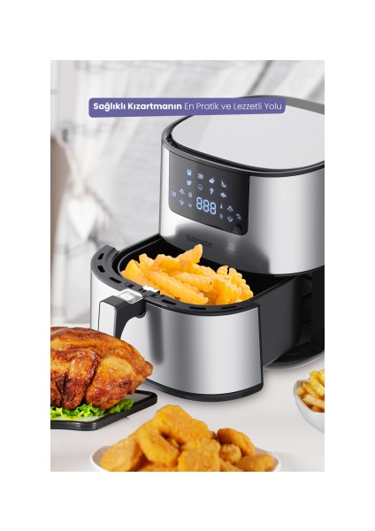 Novo 2000 Watt Yüksek Güç 6,4 Litre Inox Geniş Xxl Dokunmatik Airfryer Yağsız Sıcak Hava Fritözü