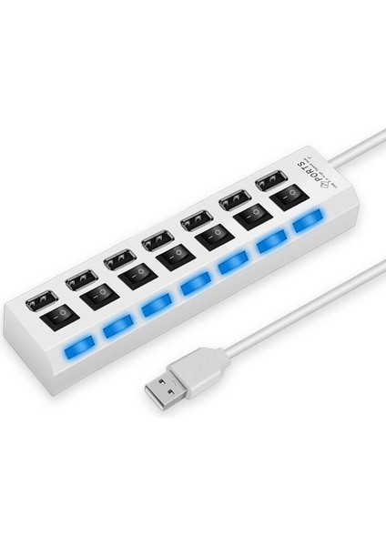 7 Portlu 2.0 USB Hub Çoklu USB Çoklayıcı Splitter Power Tuşlu Adaptör Beyaz