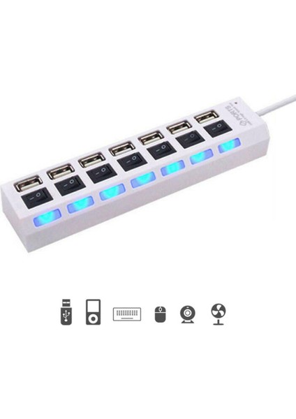 7 Portlu 2.0 USB Hub Çoklu USB Çoklayıcı Splitter Power Tuşlu Adaptör Beyaz