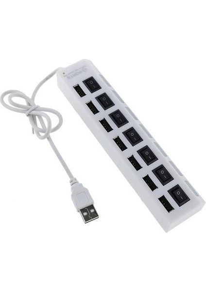 7 Portlu 2.0 USB Hub Çoklu USB Çoklayıcı Splitter Power Tuşlu Adaptör Beyaz