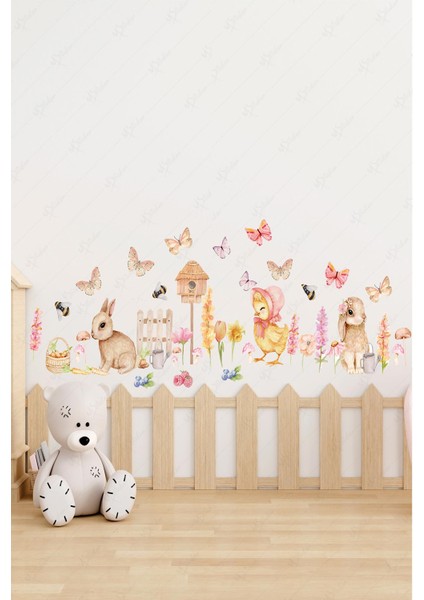 Sevimli Çiftlik Hayvanları, Çiçekler ve Kelebekler Çocuk Bebek Odası Sticker Seti